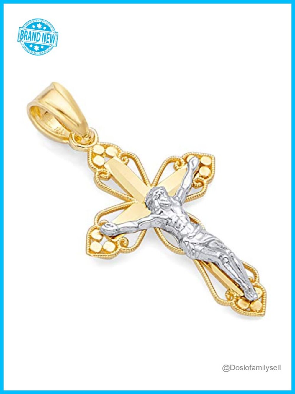 14K Two Tone Gold Jesus Crucifix Cross Charm Pendant Religious Jewelry